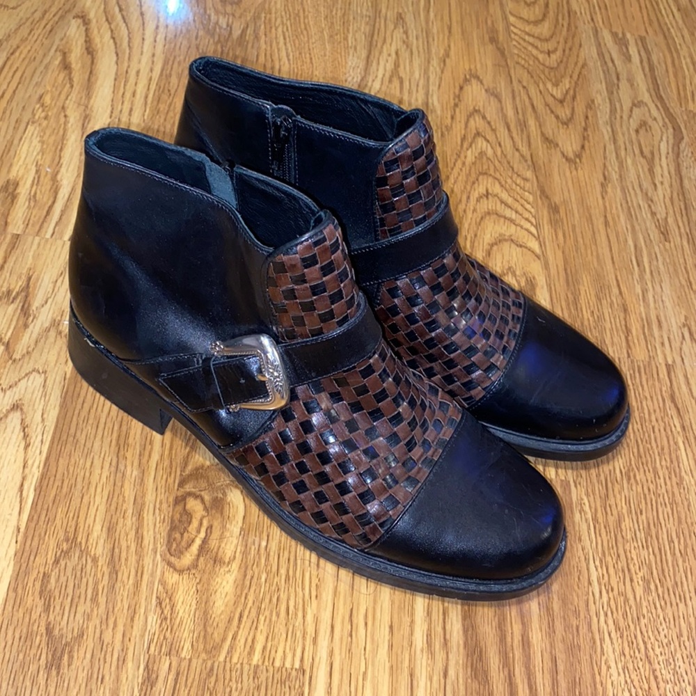 Brighton Woven Buckle Lug Heel Booties